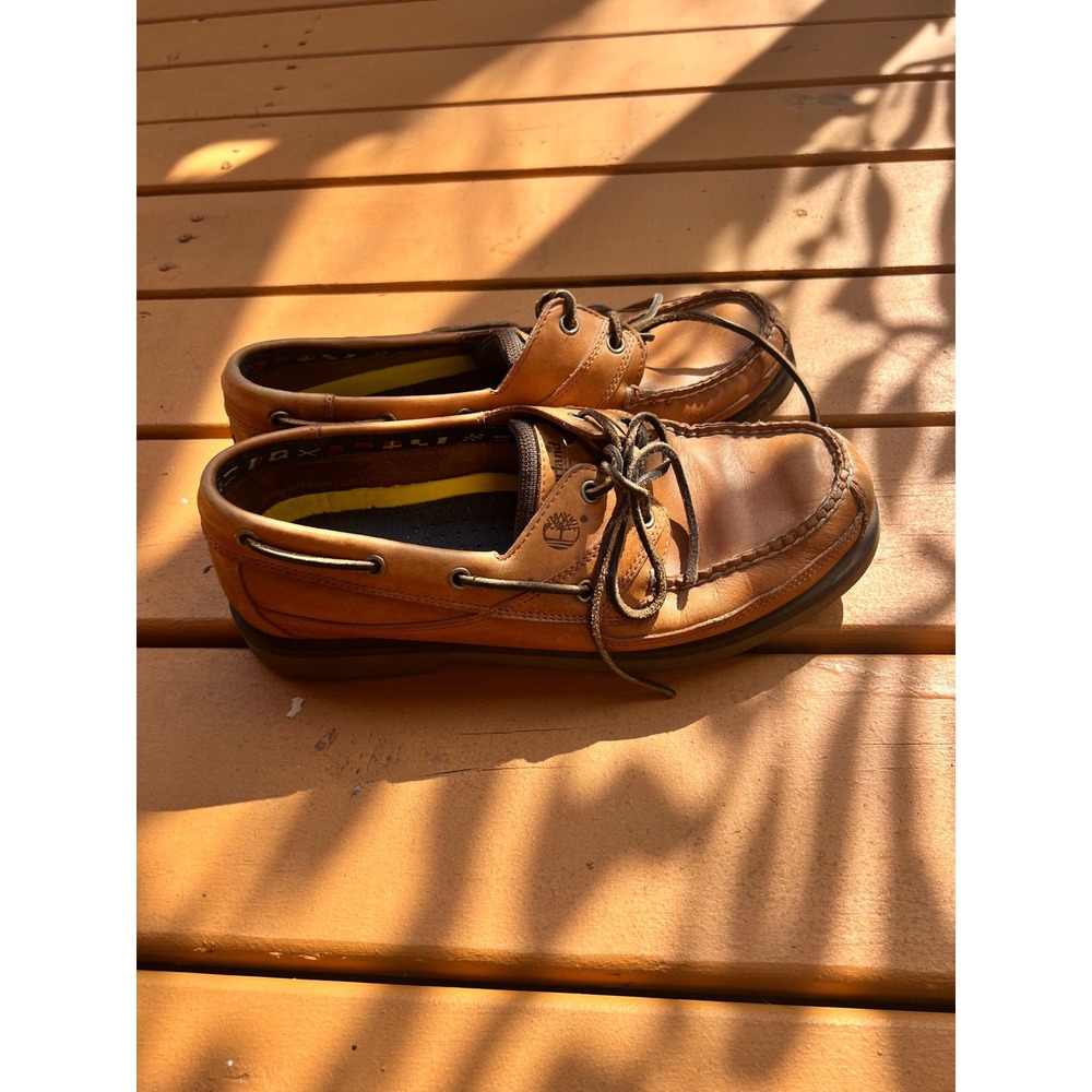 Timberland Mens Tan Brown Leather Boat Shoes Nautical Signal Flag Loafers - Picture 2 of 9